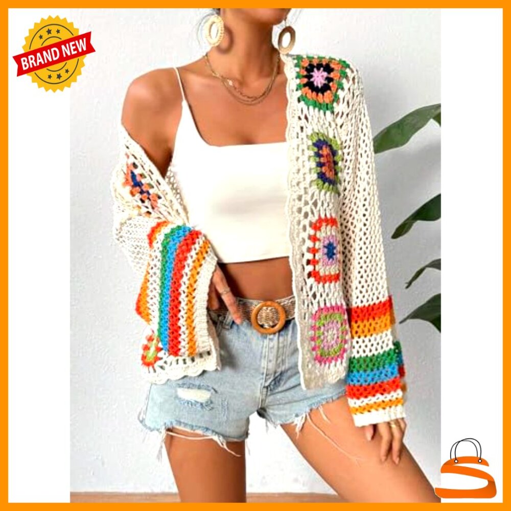 Floral Crochet Cardigan, Long Sleeve Open Front Sweater, Loose Fit Acrylic - Picture 5 of 6